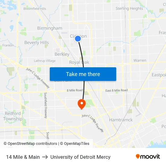 14 Mile & Main to University of Detroit Mercy map