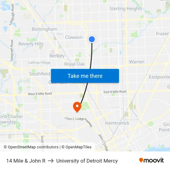 14 Mile & John R to University of Detroit Mercy map