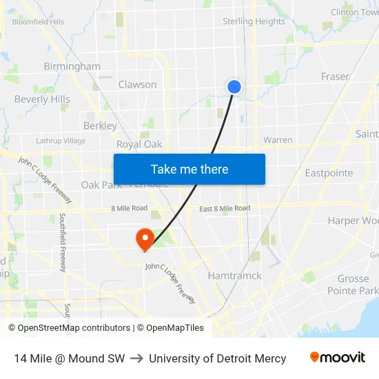 14 Mile @ Mound SW to University of Detroit Mercy map