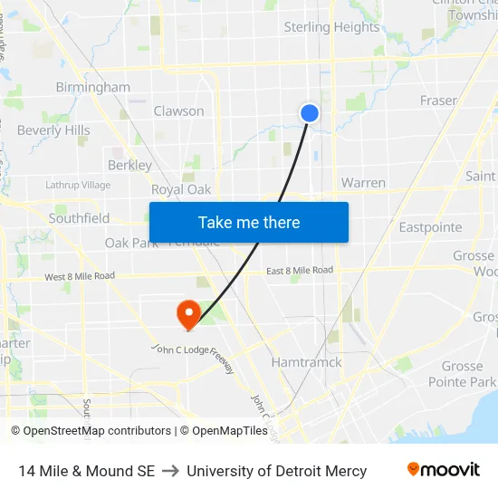 14 Mile & Mound SE to University of Detroit Mercy map