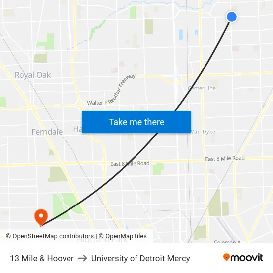 13 Mile & Hoover to University of Detroit Mercy map