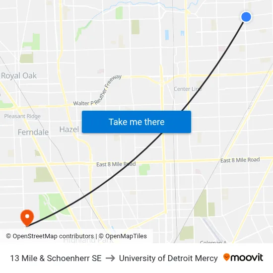 13 Mile & Schoenherr SE to University of Detroit Mercy map