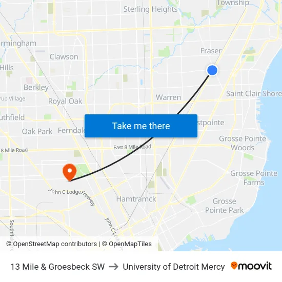 13 Mile & Groesbeck SW to University of Detroit Mercy map
