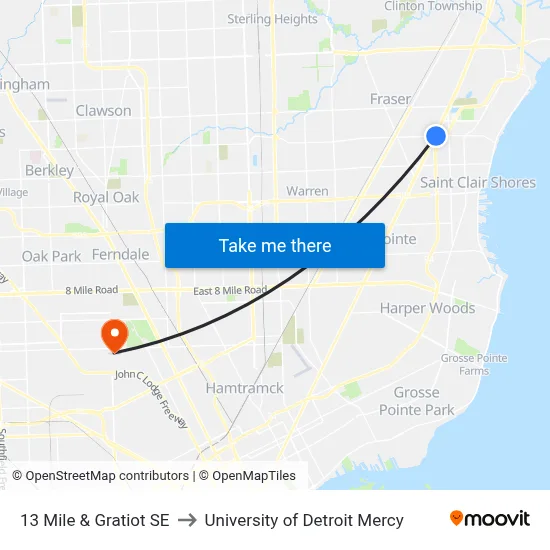 13 Mile & Gratiot SE to University of Detroit Mercy map