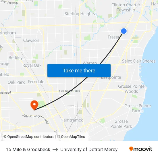 15 Mile & Groesbeck to University of Detroit Mercy map
