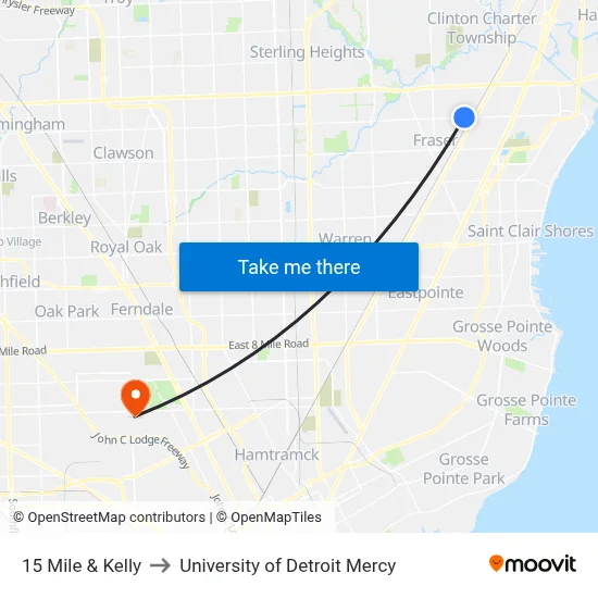 15 Mile & Kelly to University of Detroit Mercy map