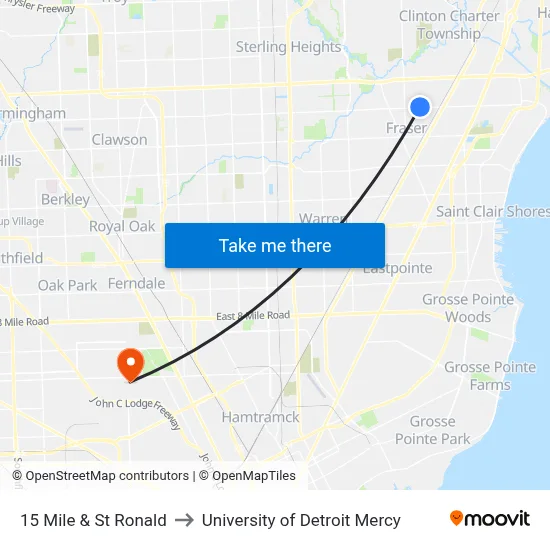 15 Mile & St Ronald to University of Detroit Mercy map