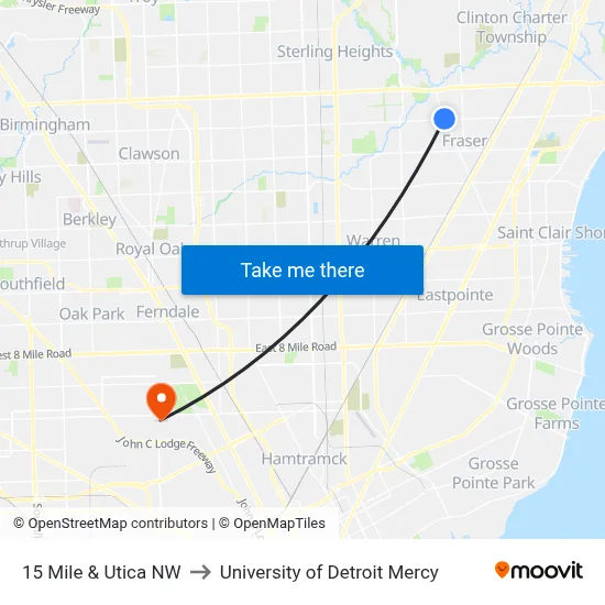15 Mile & Utica NW to University of Detroit Mercy map