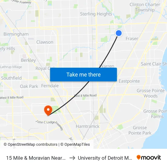 15 Mile & Moravian Nearside to University of Detroit Mercy map