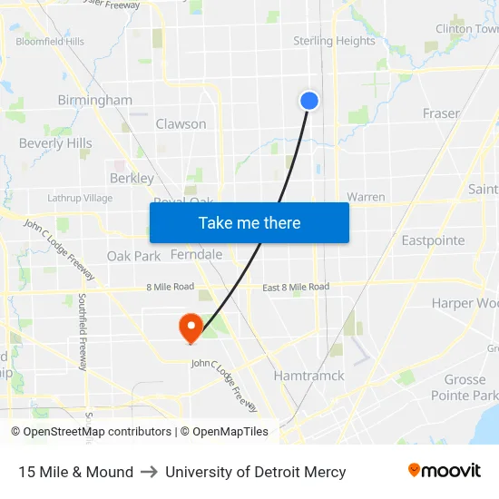 15 Mile & Mound to University of Detroit Mercy map