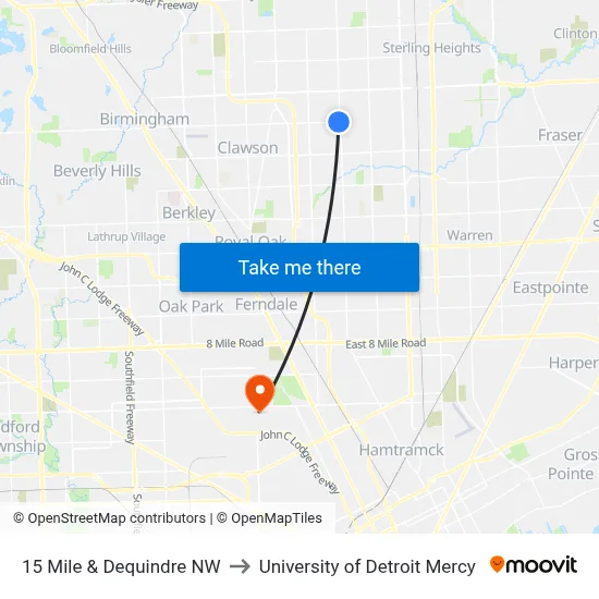 15 Mile & Dequindre NW to University of Detroit Mercy map