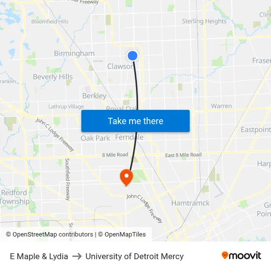 E Maple & Lydia to University of Detroit Mercy map