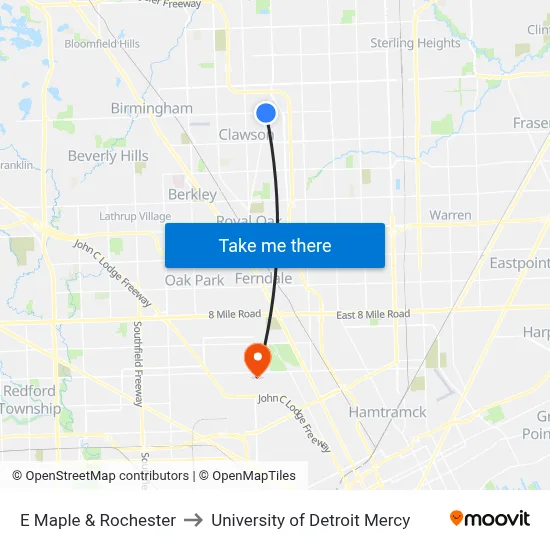 E Maple & Rochester to University of Detroit Mercy map