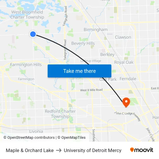 Maple & Orchard Lake to University of Detroit Mercy map