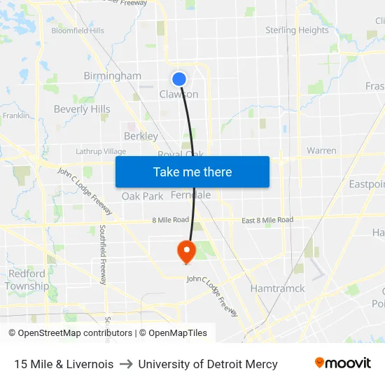 15 Mile & Livernois to University of Detroit Mercy map