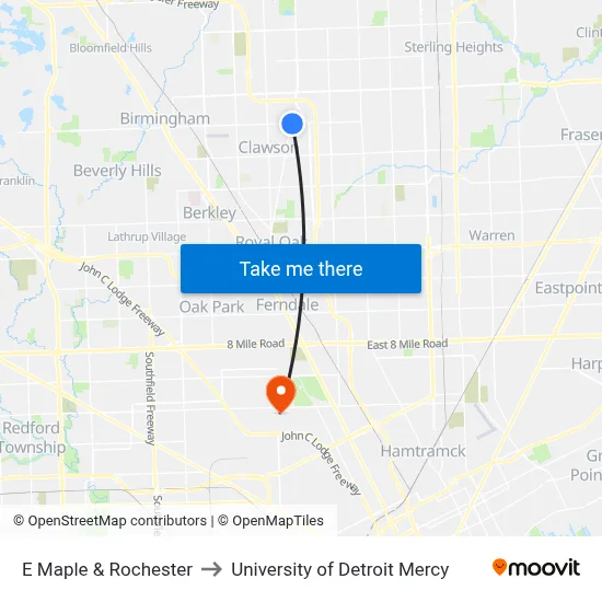 E Maple & Rochester to University of Detroit Mercy map
