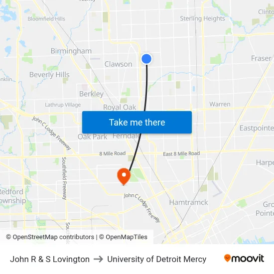 John R & S Lovington to University of Detroit Mercy map