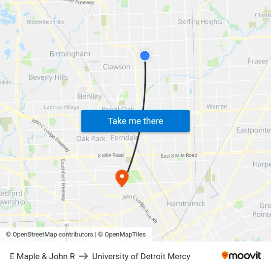 E Maple & John R to University of Detroit Mercy map