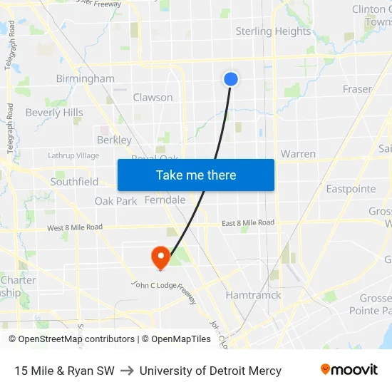 15 Mile & Ryan SW to University of Detroit Mercy map