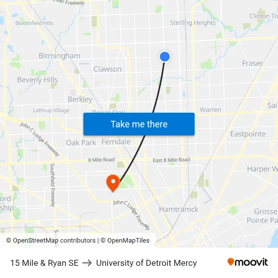 15 Mile & Ryan SE to University of Detroit Mercy map