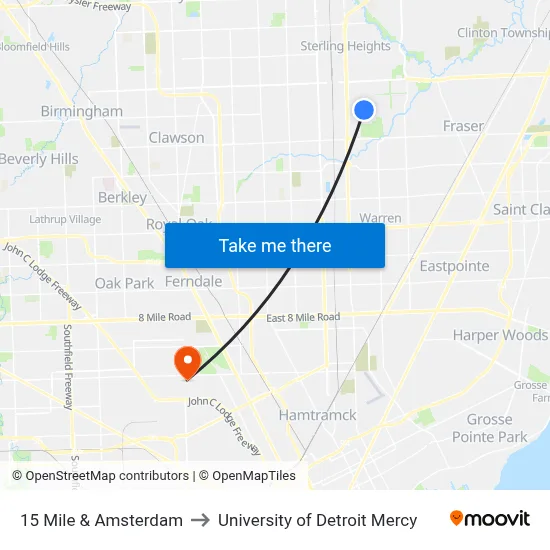 15 Mile & Amsterdam to University of Detroit Mercy map