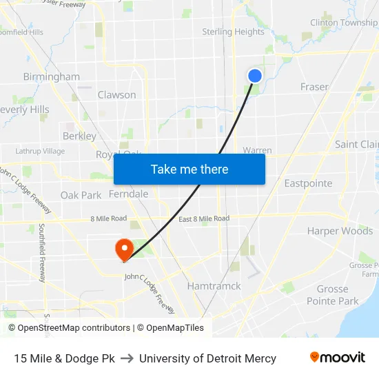 15 Mile & Dodge Pk to University of Detroit Mercy map