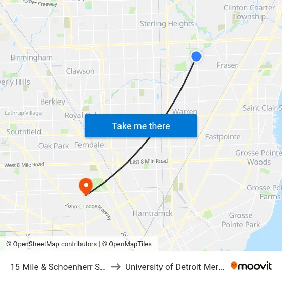 15 Mile & Schoenherr SW to University of Detroit Mercy map