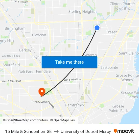 15 Mile & Schoenherr SE to University of Detroit Mercy map