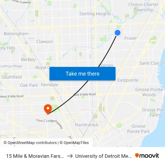 15 Mile & Moravian Farside to University of Detroit Mercy map