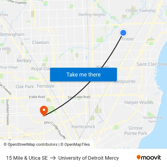 15 Mile & Utica SE to University of Detroit Mercy map