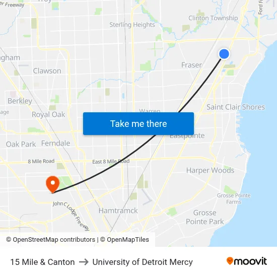 15 Mile & Canton to University of Detroit Mercy map