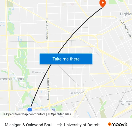 Michigan & Oakwood Boulevard to University of Detroit Mercy map