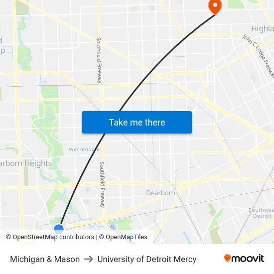 Michigan & Mason to University of Detroit Mercy map