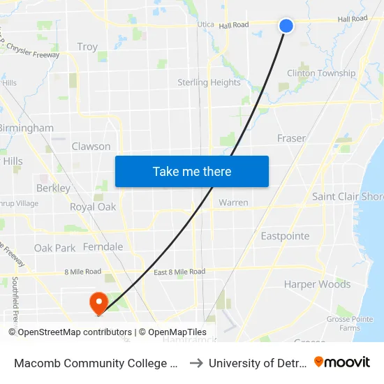 Macomb Community College Center Campus to University of Detroit Mercy map