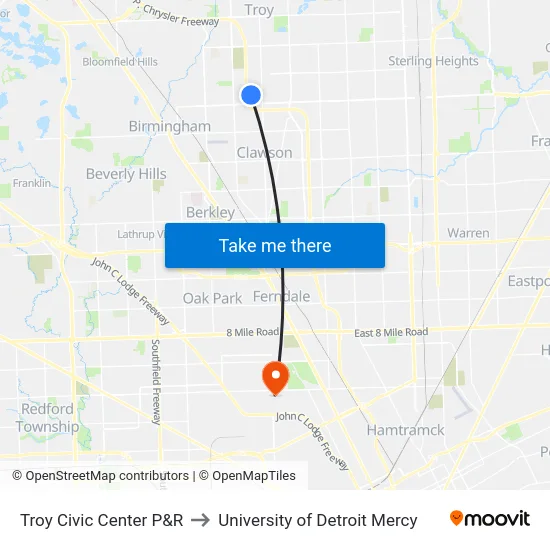Troy Civic Center Park & Ride to University of Detroit Mercy map