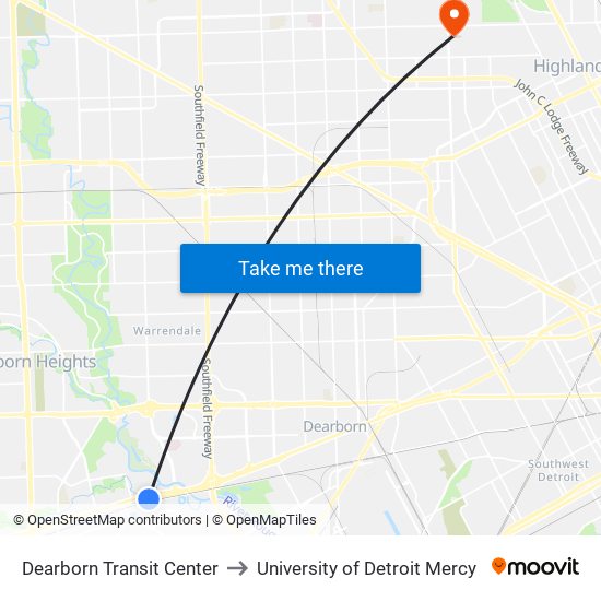 Dearborn Transit Center to University of Detroit Mercy map