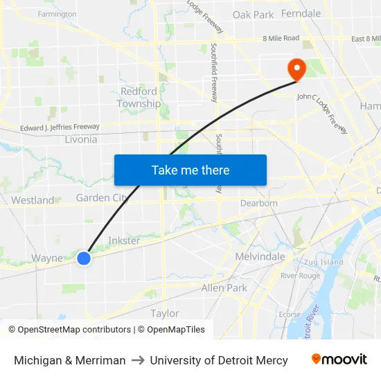 Michigan & Merriman to University of Detroit Mercy map