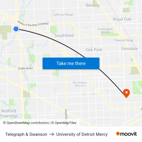 Telegraph & Swanson to University of Detroit Mercy map