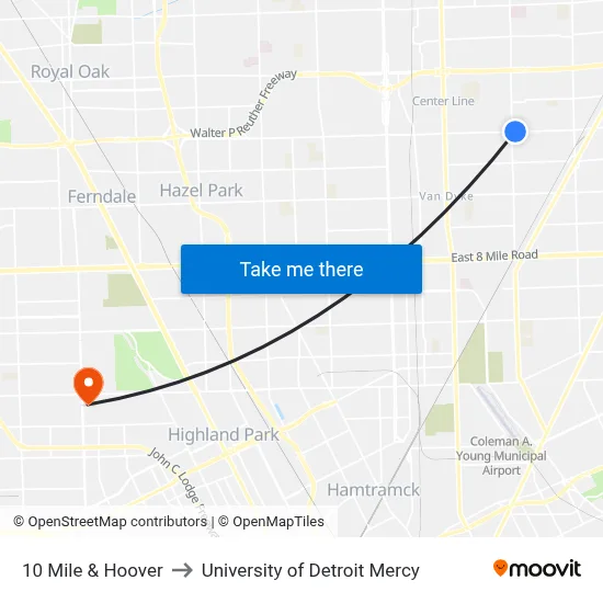 10 Mile & Hoover to University of Detroit Mercy map