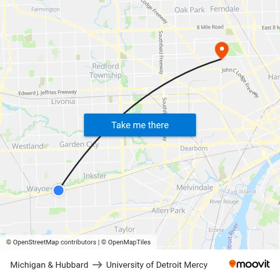 Michigan & Hubbard to University of Detroit Mercy map