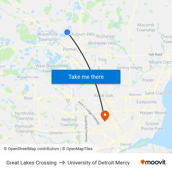 Great Lakes Crossing to University of Detroit Mercy map