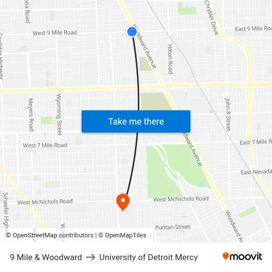 9 Mile & Woodward to University of Detroit Mercy map