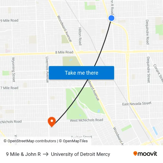 9 Mile & John R to University of Detroit Mercy map