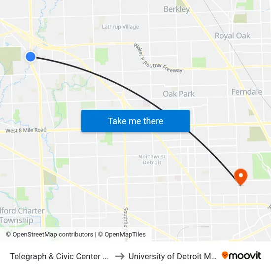 Telegraph & Civic Center Drive to University of Detroit Mercy map