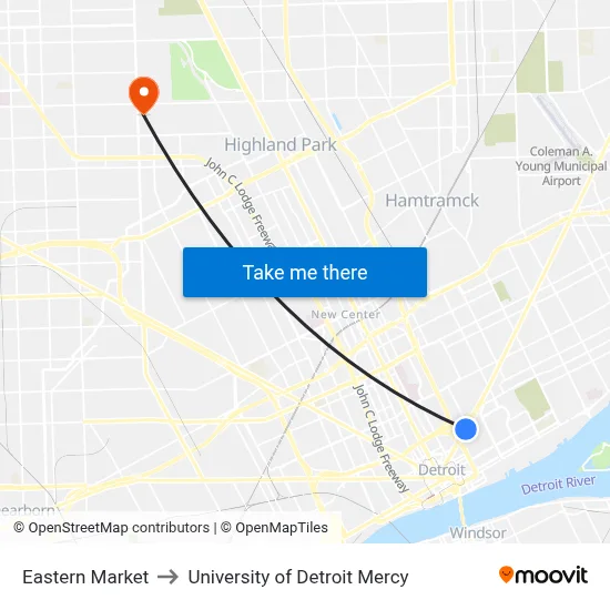 Eastern Market to University of Detroit Mercy map