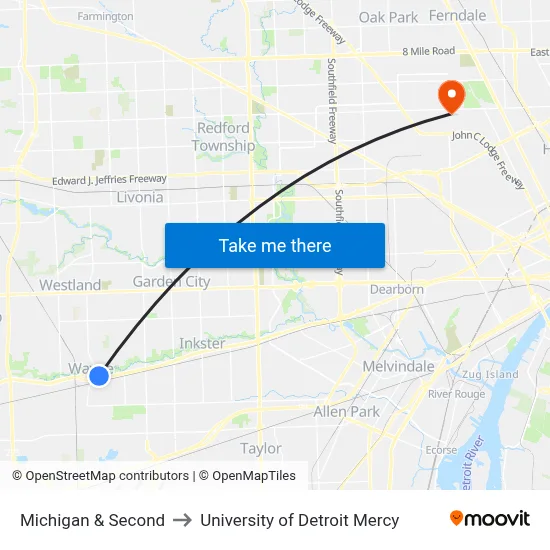 Michigan & Second to University of Detroit Mercy map