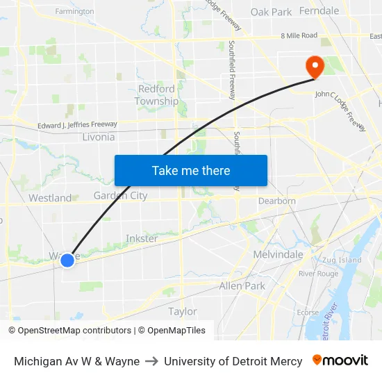 Michigan Av W & Wayne to University of Detroit Mercy map