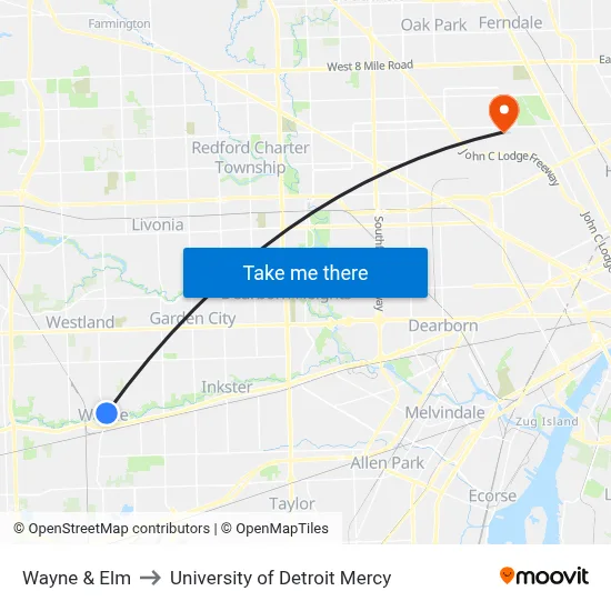 Wayne & Elm to University of Detroit Mercy map