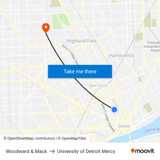 Woodward & Mack to University of Detroit Mercy map