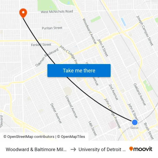 Woodward & Baltimore Milwaukee to University of Detroit Mercy map